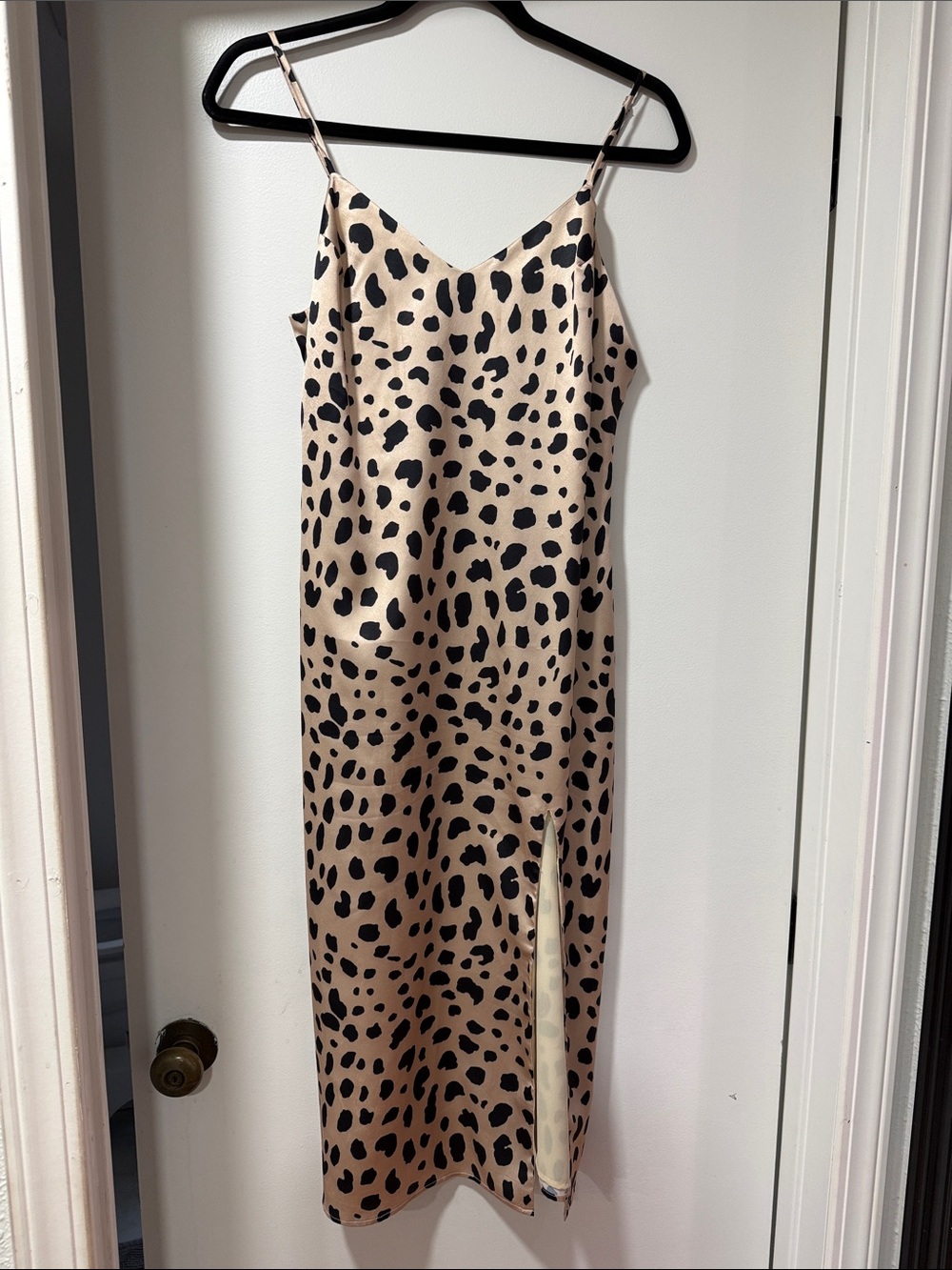 essue Beige Slip Midi Dress with Black Spot Print